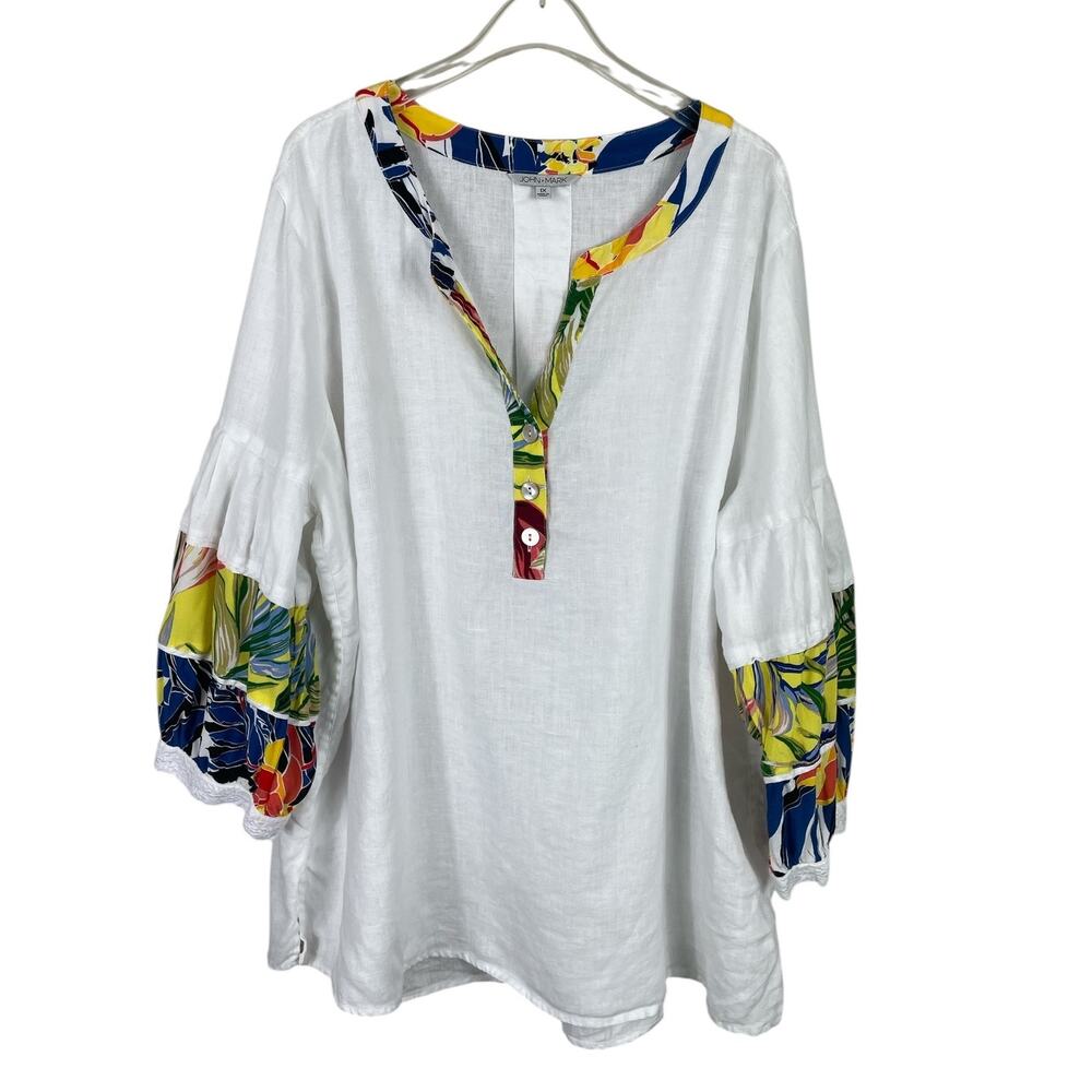 John Mark 100% Linen Tunic Top Floral Puff Sleeves Beach Vacation White Sz 1X